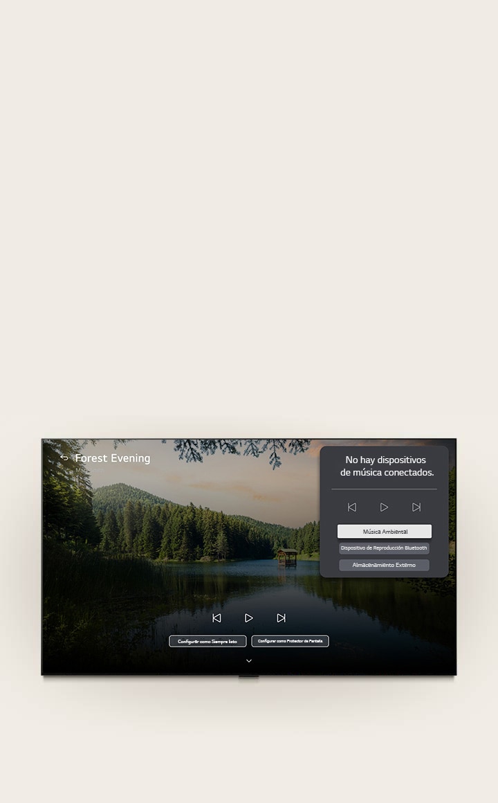 La Galería LG+ con música de fondo y sala de música del LG OLED evo AI G6 muestra la escena del lago en el bosque "Atardecer en el bosque" en pantalla, con un panel de interfaz de usuario visible para la sala de música con música ambiental, reproducción Bluetooth y controles.
